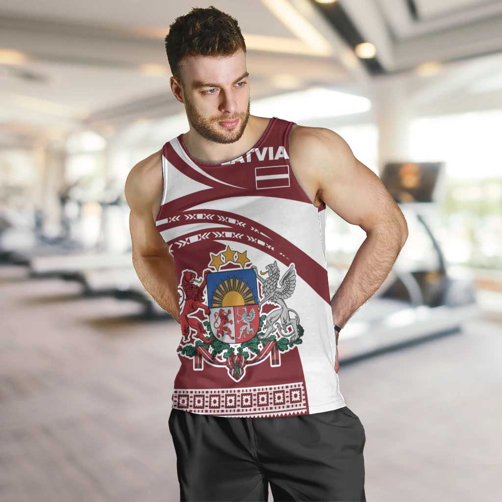 Latvia Men Tank Top with National Coat of Arms and Traditional Folk Patterns