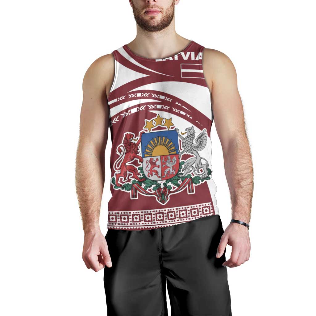 Latvia Men Tank Top with National Coat of Arms and Traditional Folk Patterns