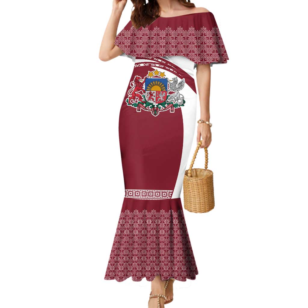 Latvia Mermaid Dress with National Coat of Arms and Traditional Folk Patterns