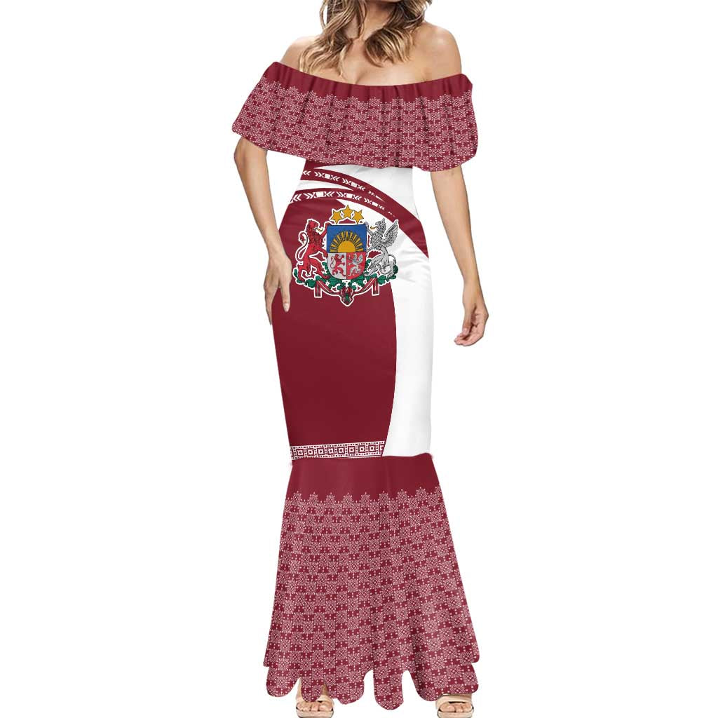 Latvia Mermaid Dress with National Coat of Arms and Traditional Folk Patterns
