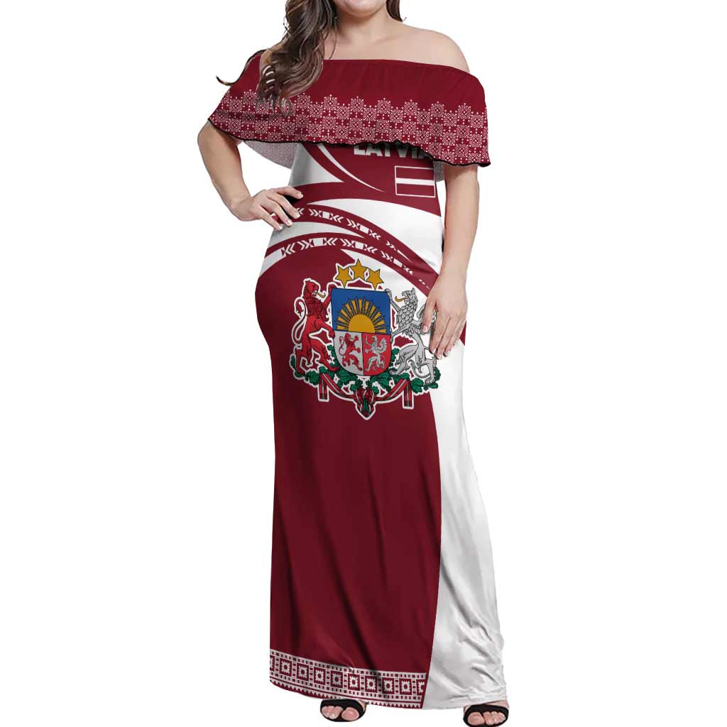 Latvia Off Shoulder Maxi Dress with National Coat of Arms and Traditional Folk Patterns