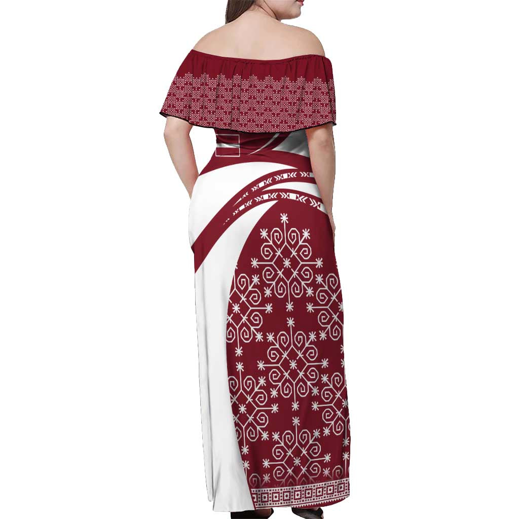 Latvia Off Shoulder Maxi Dress with National Coat of Arms and Traditional Folk Patterns