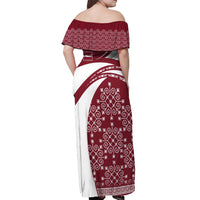 Latvia Off Shoulder Maxi Dress with National Coat of Arms and Traditional Folk Patterns