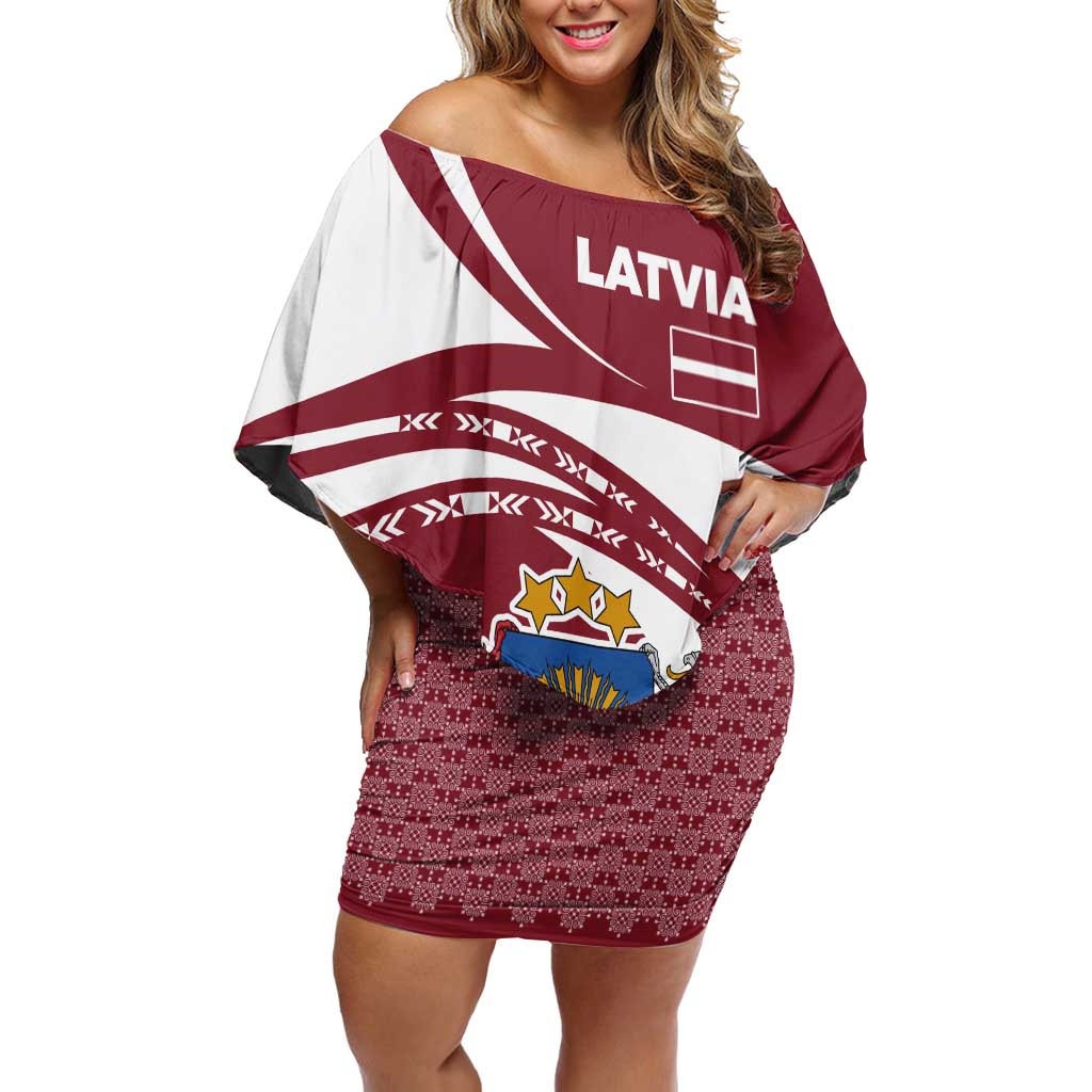 Latvia Off Shoulder Short Dress with National Coat of Arms and Traditional Folk Patterns