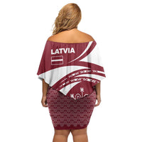 Latvia Off Shoulder Short Dress with National Coat of Arms and Traditional Folk Patterns