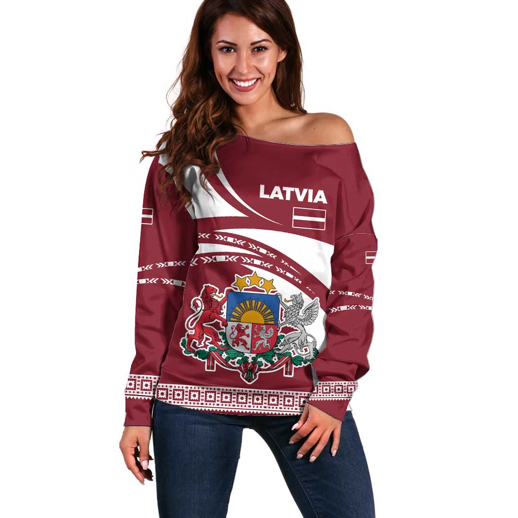 Latvia Off Shoulder Sweater with National Coat of Arms and Traditional Folk Patterns