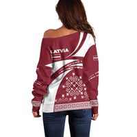 Latvia Off Shoulder Sweater with National Coat of Arms and Traditional Folk Patterns