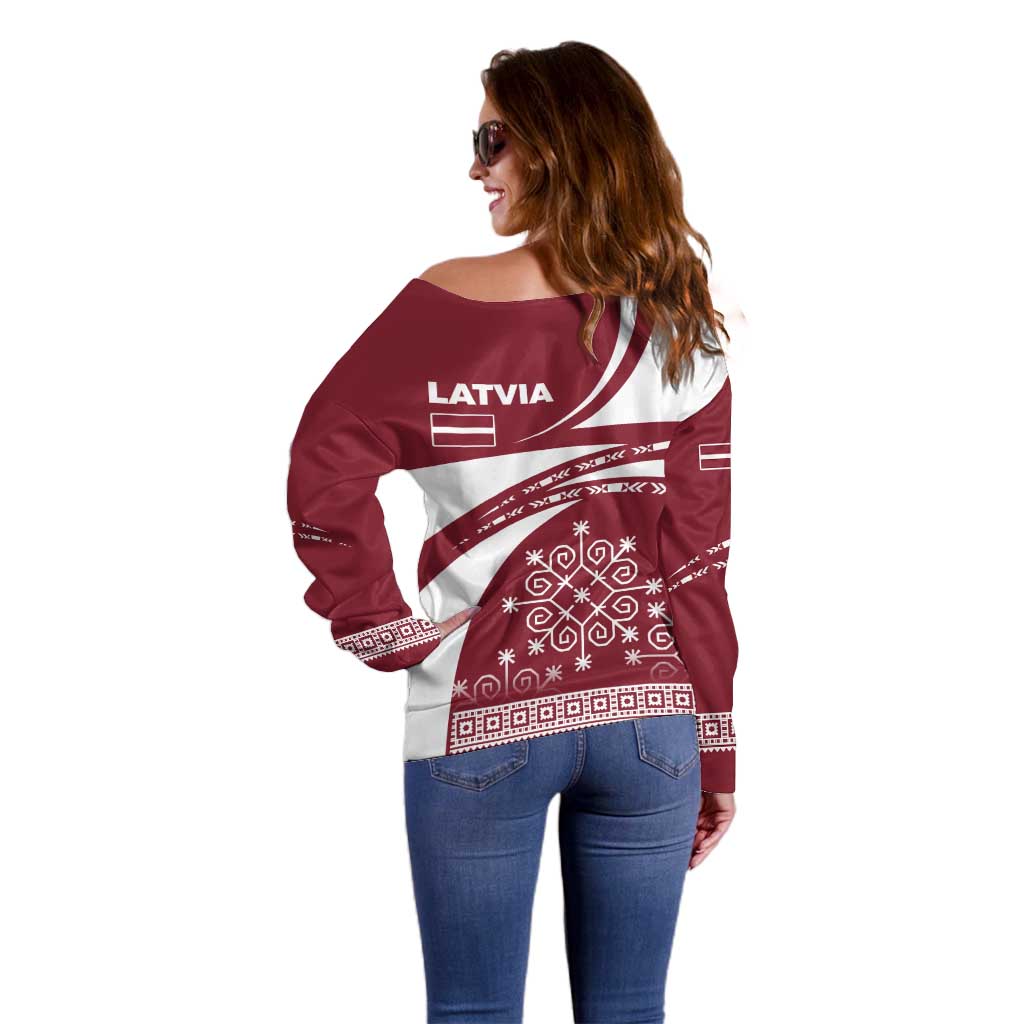 Latvia Off Shoulder Sweater with National Coat of Arms and Traditional Folk Patterns