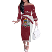 Latvia Off The Shoulder Long Sleeve Dress with National Coat of Arms and Traditional Folk Patterns