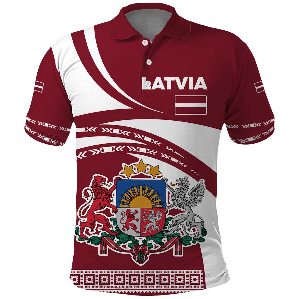 Latvia Polo Shirt with National Coat of Arms and Traditional Folk Patterns