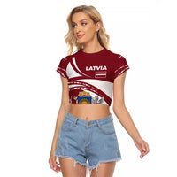 Latvia Raglan Cropped T Shirt with National Coat of Arms and Traditional Folk Patterns