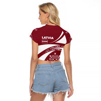 Latvia Raglan Cropped T Shirt with National Coat of Arms and Traditional Folk Patterns