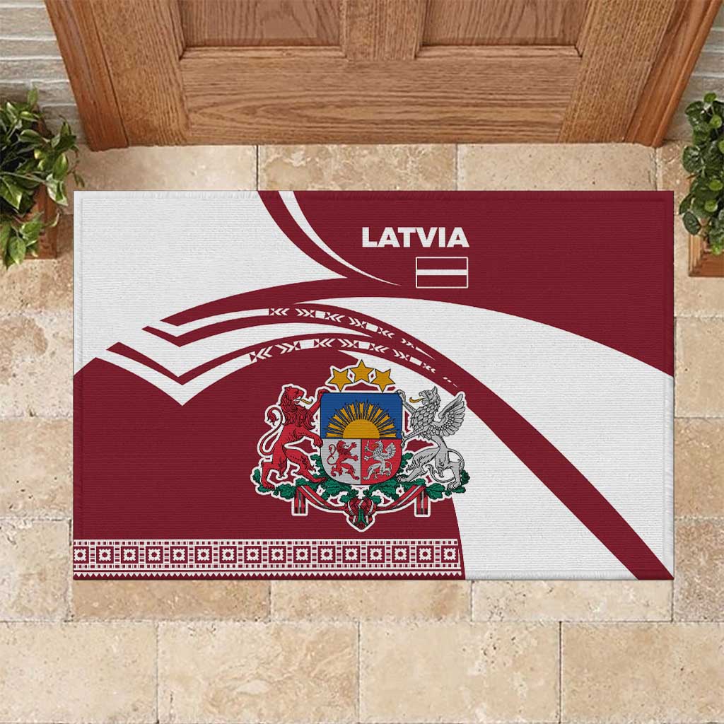 Latvia Rubber Doormat with National Coat of Arms and Traditional Folk Patterns