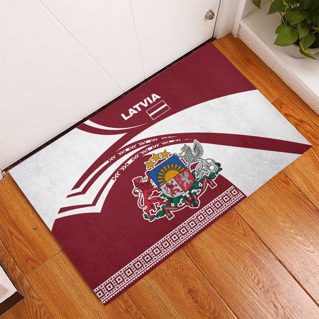 Latvia Rubber Doormat with National Coat of Arms and Traditional Folk Patterns