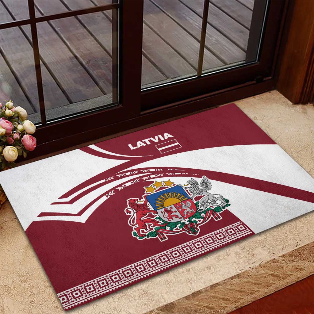 Latvia Rubber Doormat with National Coat of Arms and Traditional Folk Patterns