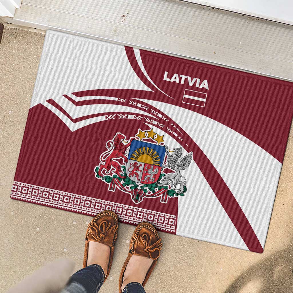 Latvia Rubber Doormat with National Coat of Arms and Traditional Folk Patterns