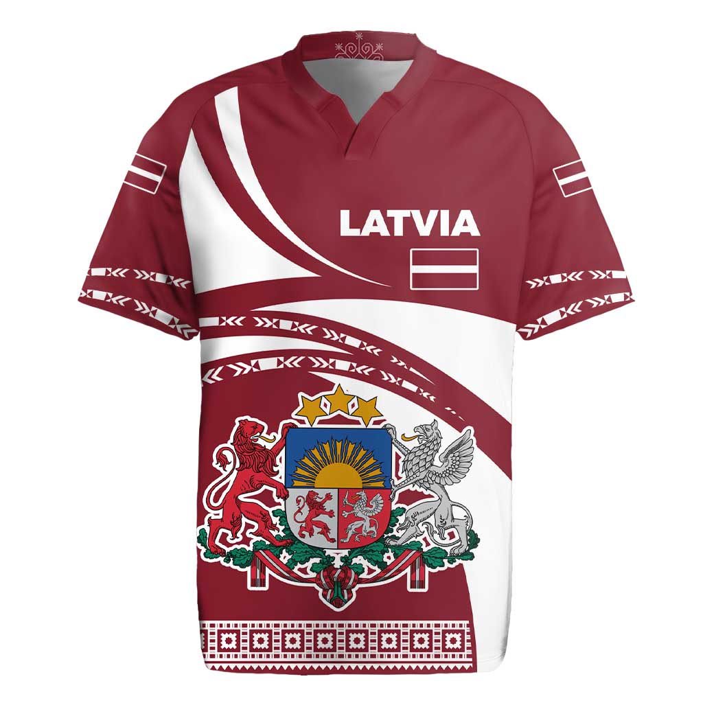 Latvia Rugby Jersey with National Coat of Arms and Traditional Folk Patterns
