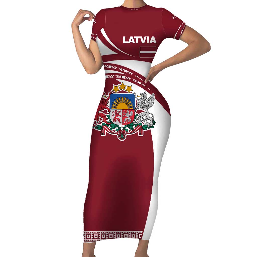 Latvia Short Sleeve Bodycon Dress with National Coat of Arms and Traditional Folk Patterns