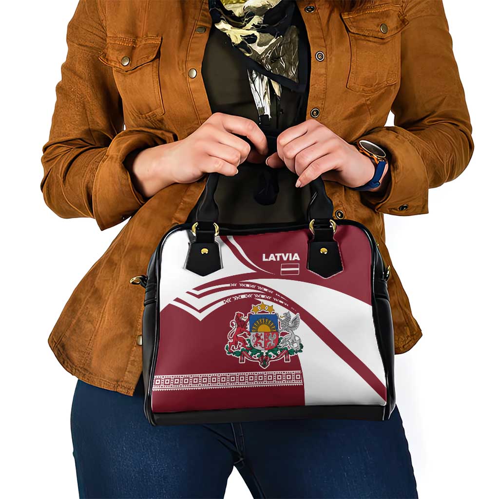 Latvia Shoulder Handbag with National Coat of Arms and Traditional Folk Patterns