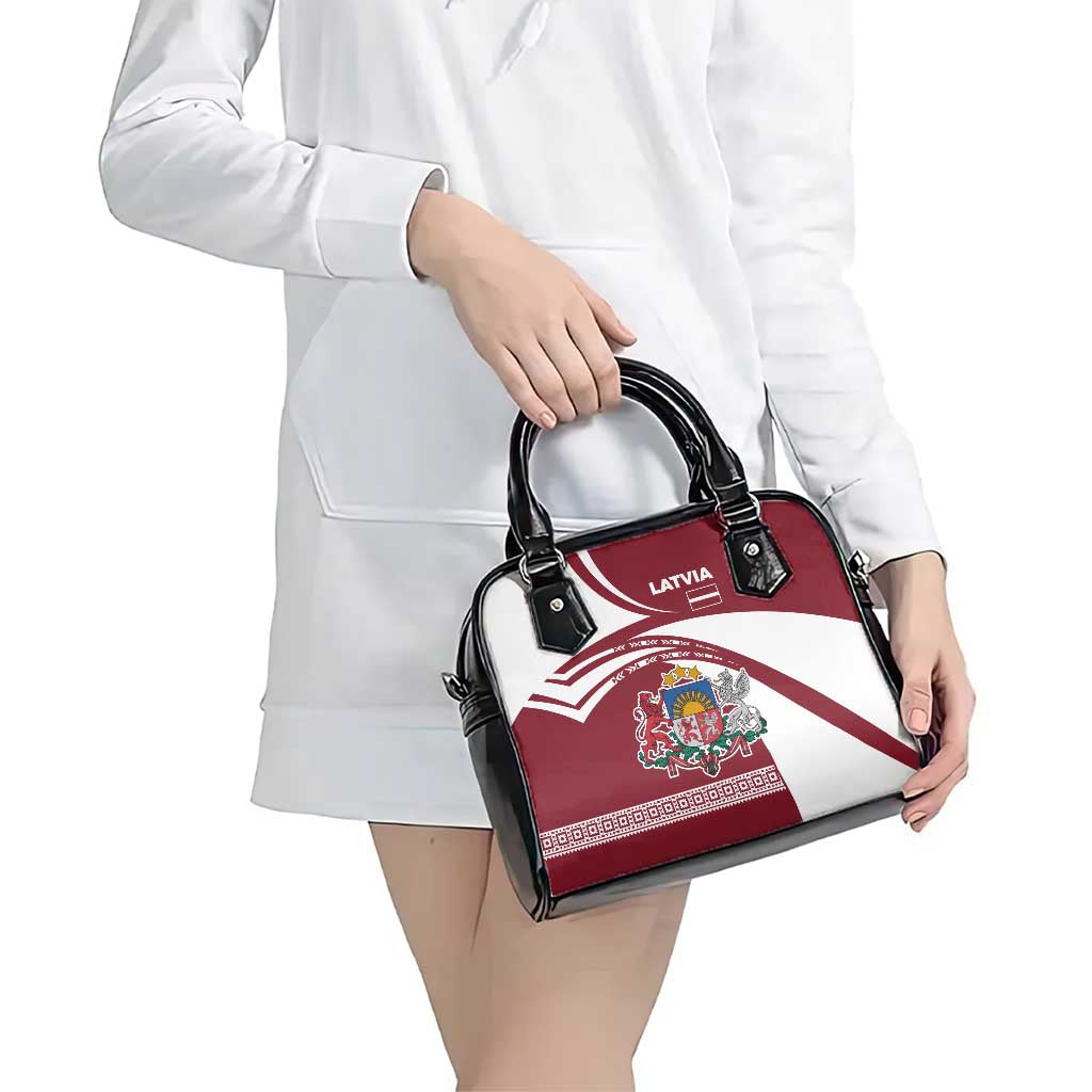 Latvia Shoulder Handbag with National Coat of Arms and Traditional Folk Patterns