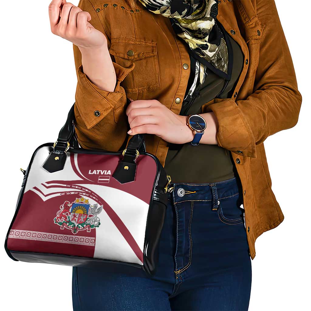 Latvia Shoulder Handbag with National Coat of Arms and Traditional Folk Patterns