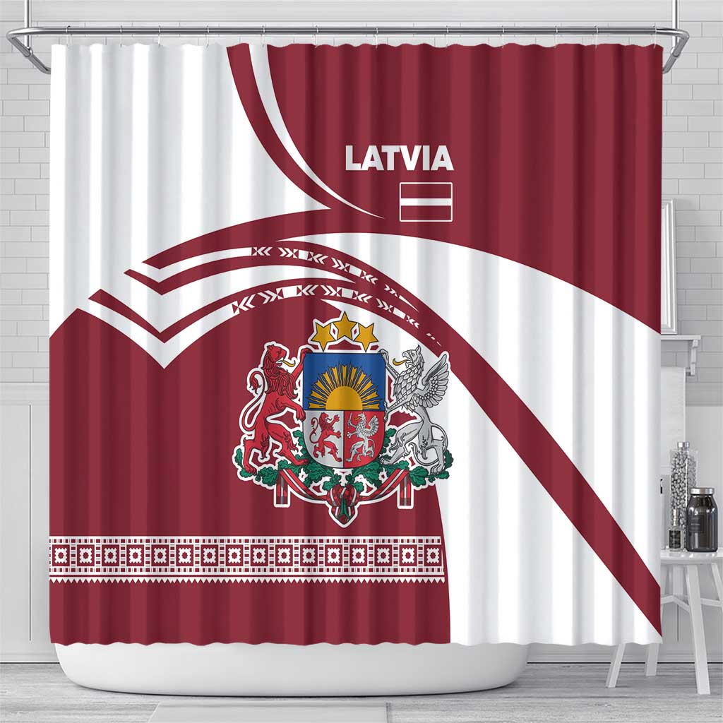 Latvia Shower Curtain with National Coat of Arms and Traditional Folk Patterns