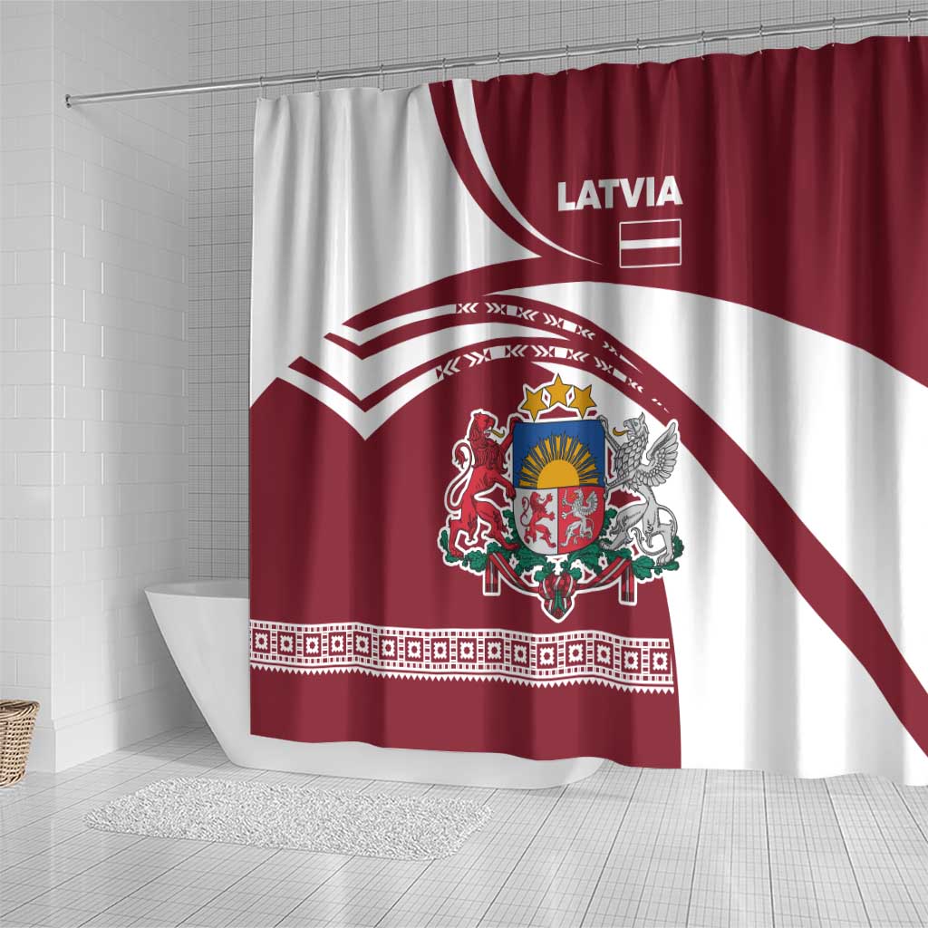 Latvia Shower Curtain with National Coat of Arms and Traditional Folk Patterns