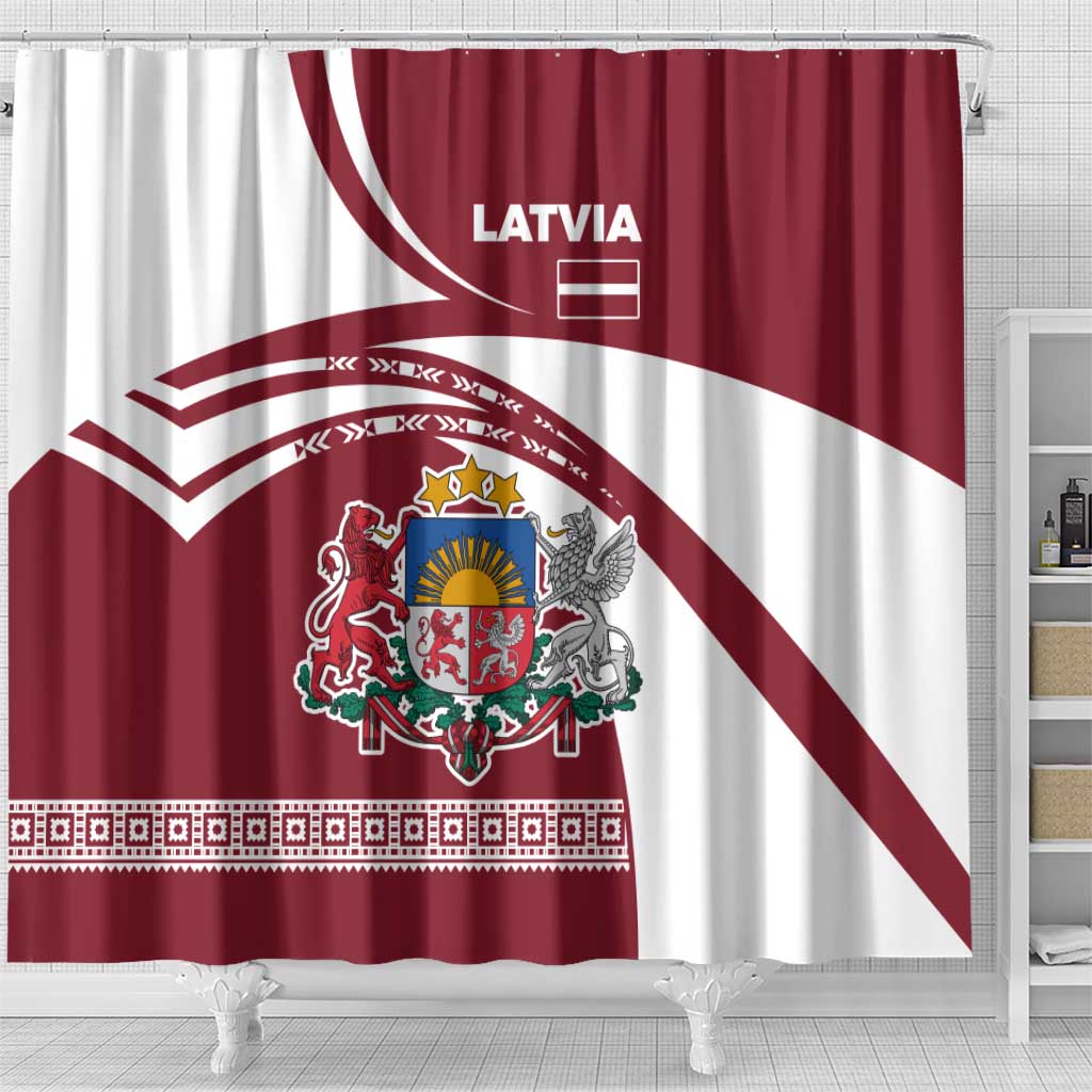Latvia Shower Curtain with National Coat of Arms and Traditional Folk Patterns