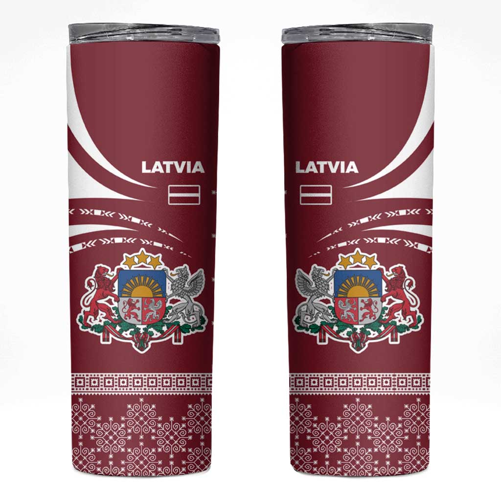 Latvia Skinny Tumbler with National Coat of Arms and Traditional Folk Patterns