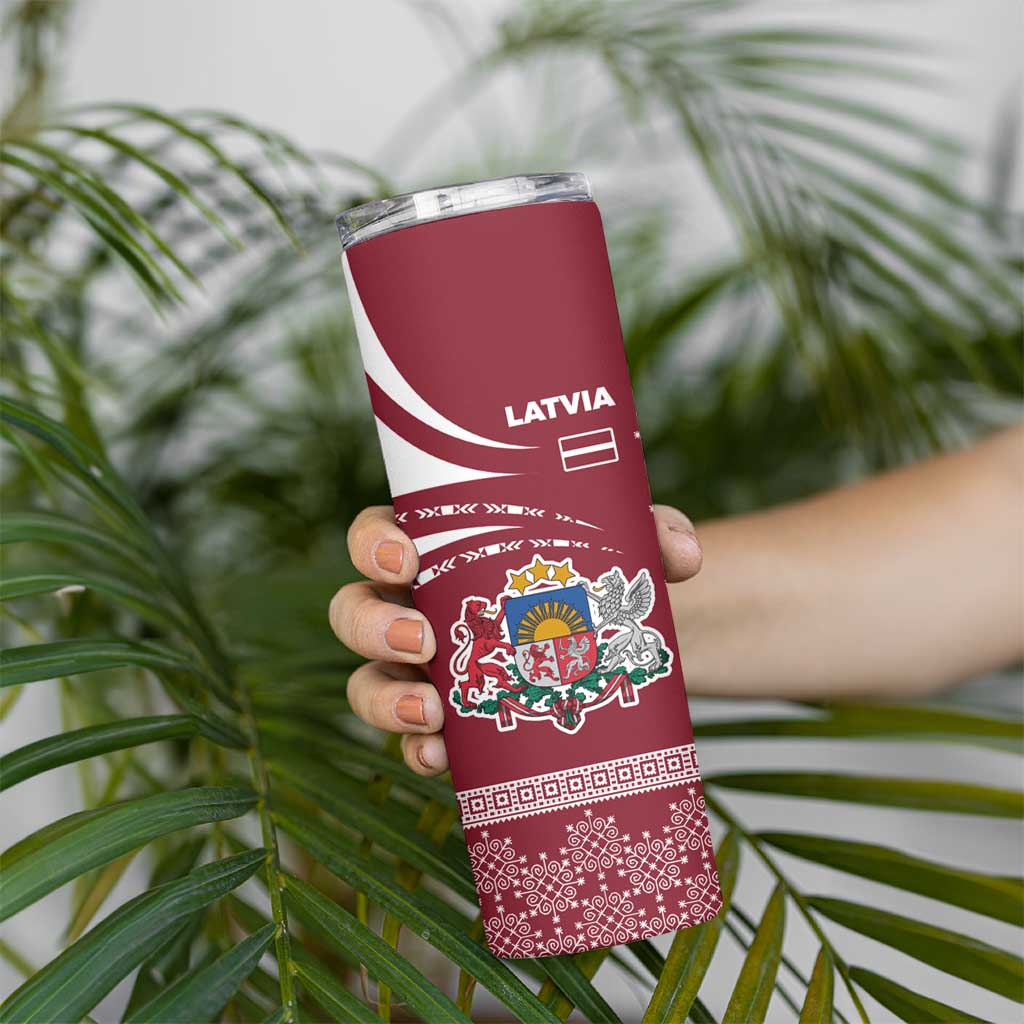 Latvia Skinny Tumbler with National Coat of Arms and Traditional Folk Patterns