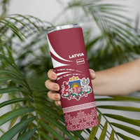 Latvia Skinny Tumbler with National Coat of Arms and Traditional Folk Patterns