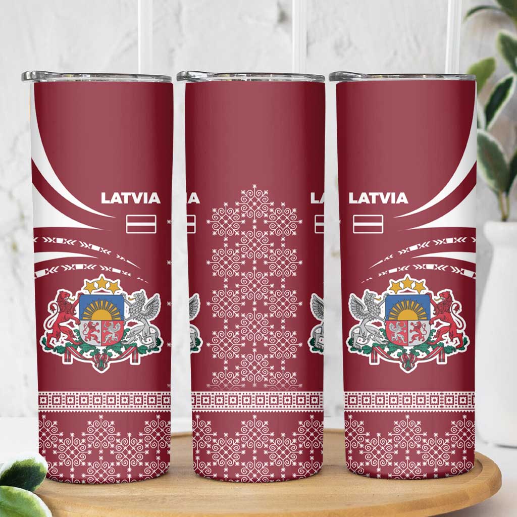 Latvia Skinny Tumbler with National Coat of Arms and Traditional Folk Patterns