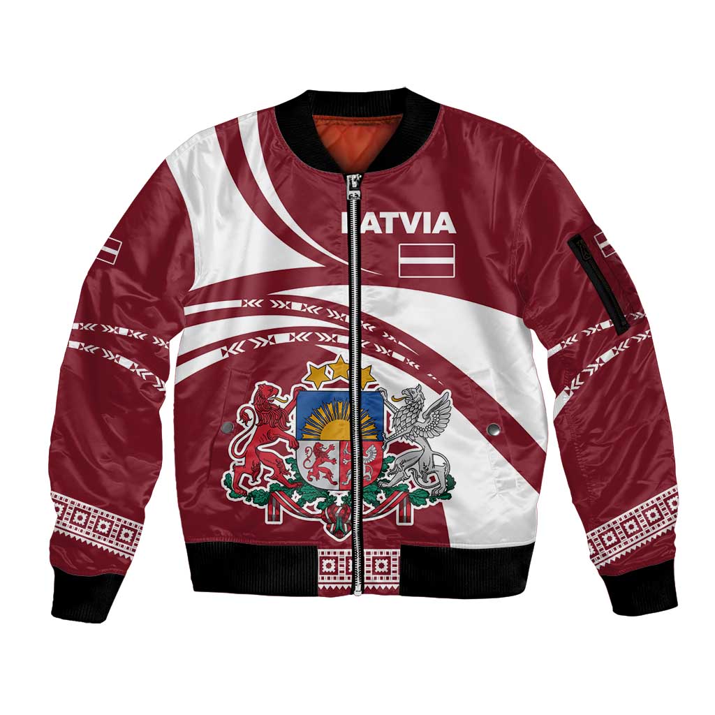 Latvia Sleeve Zip Bomber Jacket with National Coat of Arms and Traditional Folk Patterns