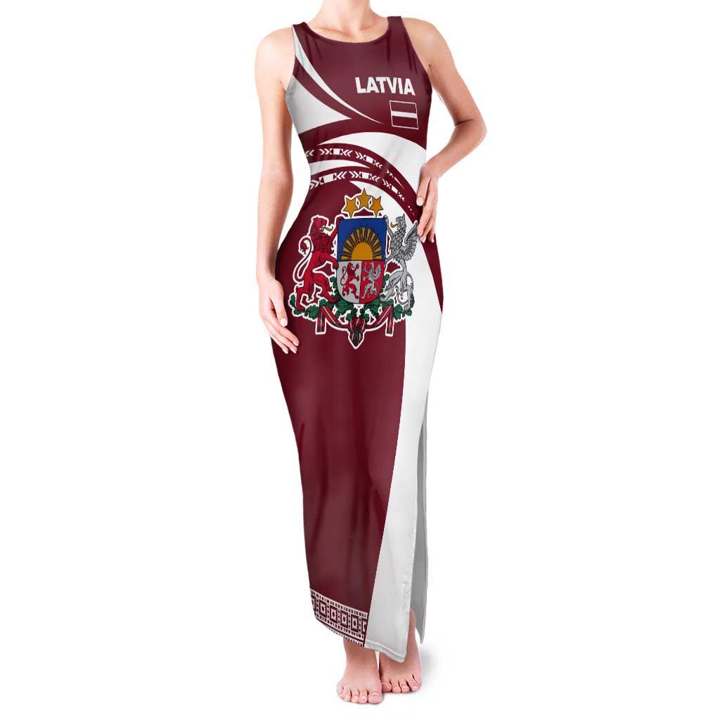 Latvia Tank Maxi Dress with National Coat of Arms and Traditional Folk Patterns