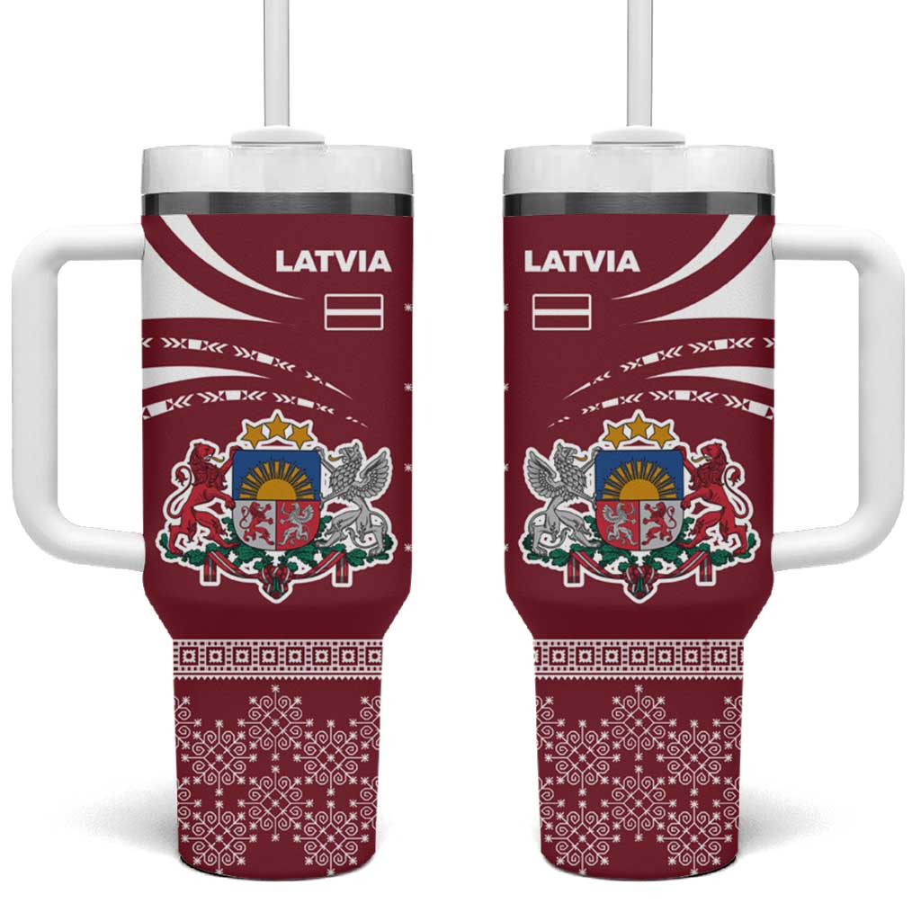 Latvia Tumbler With Handle with National Coat of Arms and Traditional Folk Patterns