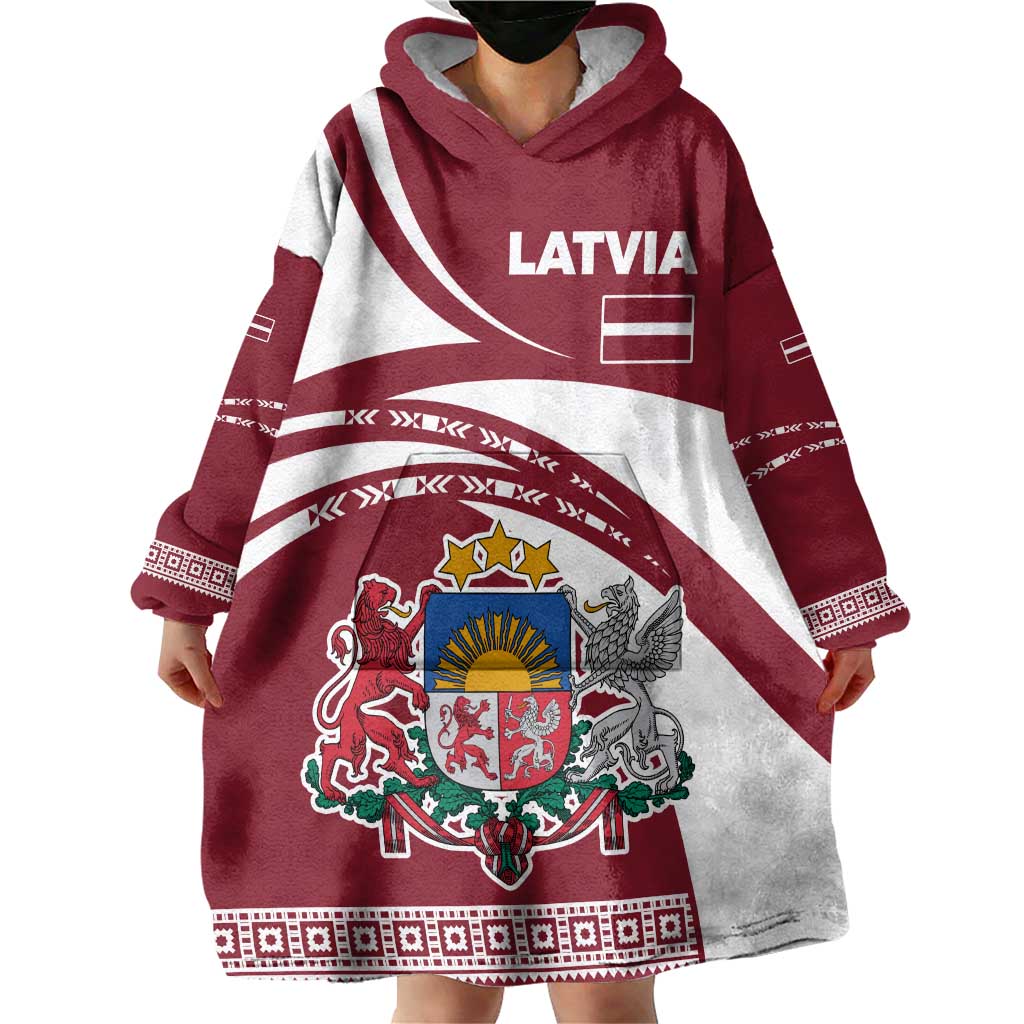 Latvia Wearable Blanket Hoodie with National Coat of Arms and Traditional Folk Patterns