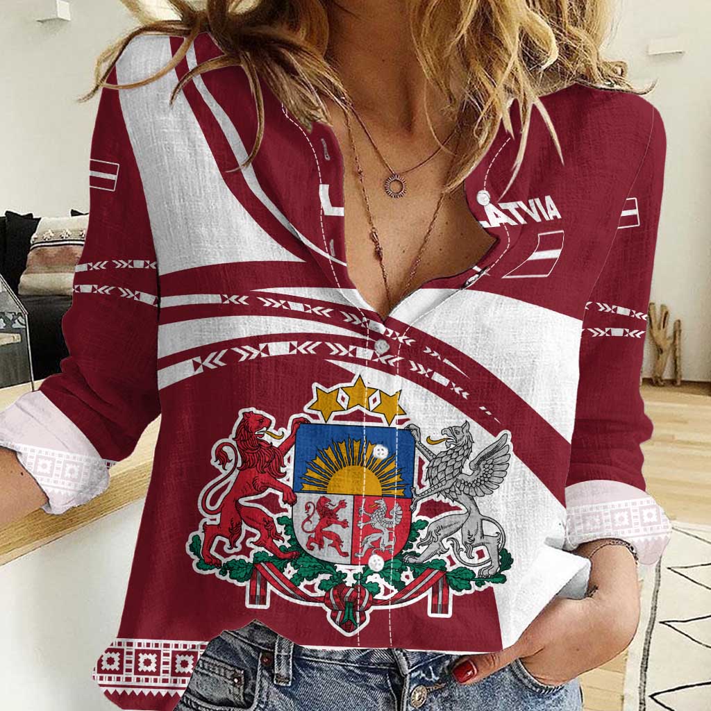 Latvia Women Casual Shirt with National Coat of Arms and Traditional Folk Patterns