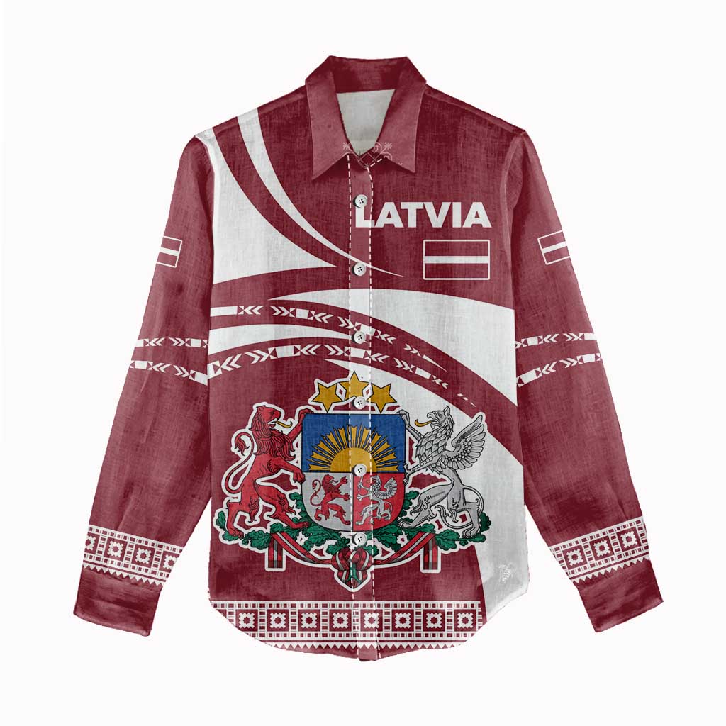 Latvia Women Casual Shirt with National Coat of Arms and Traditional Folk Patterns