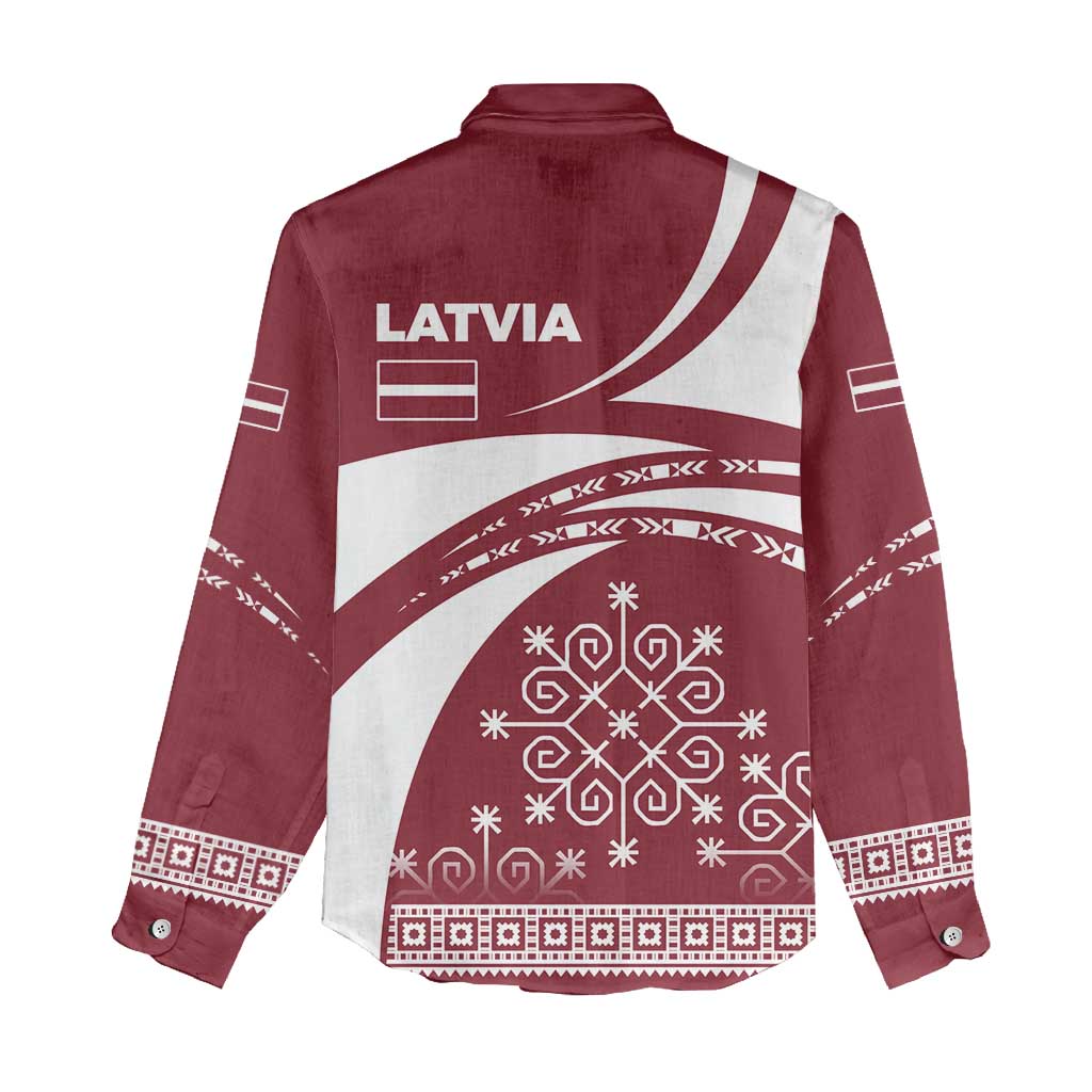 Latvia Women Casual Shirt with National Coat of Arms and Traditional Folk Patterns