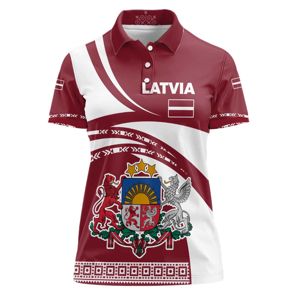 Latvia Women Polo Shirt with National Coat of Arms and Traditional Folk Patterns