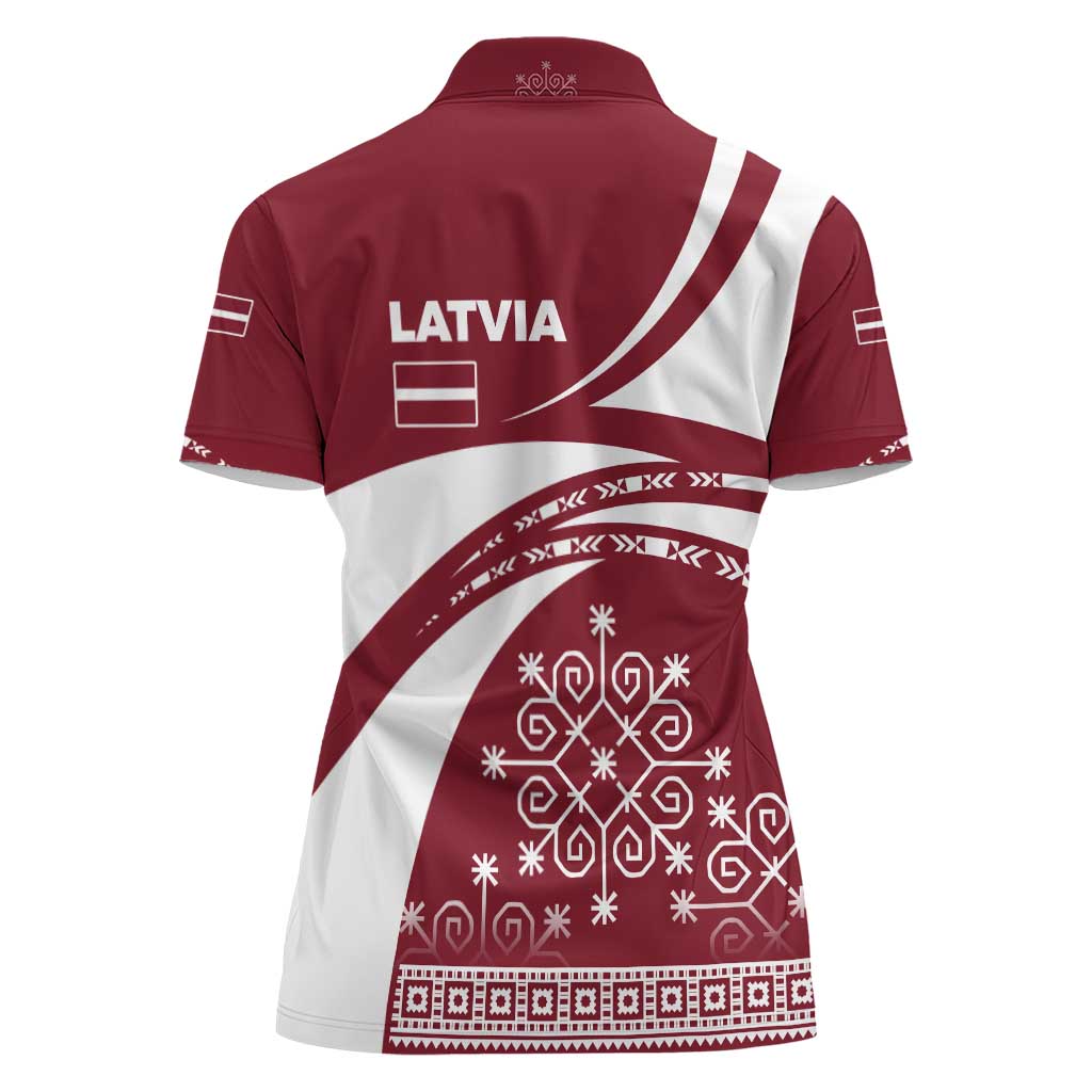 Latvia Women Polo Shirt with National Coat of Arms and Traditional Folk Patterns