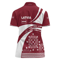 Latvia Women Polo Shirt with National Coat of Arms and Traditional Folk Patterns