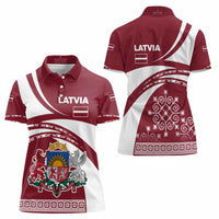 Latvia Women Polo Shirt with National Coat of Arms and Traditional Folk Patterns