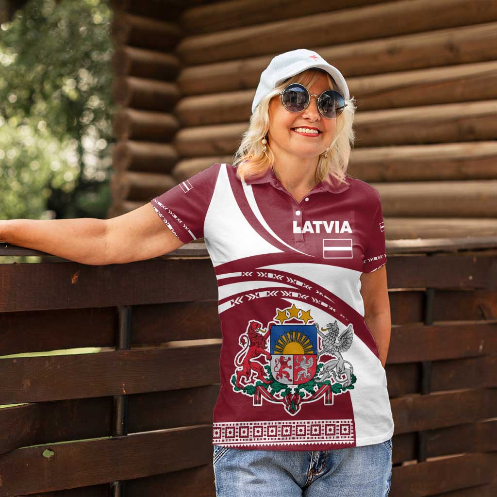 Latvia Women Polo Shirt with National Coat of Arms and Traditional Folk Patterns