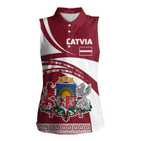Latvia Women Sleeveless Polo Shirt with National Coat of Arms and Traditional Folk Patterns