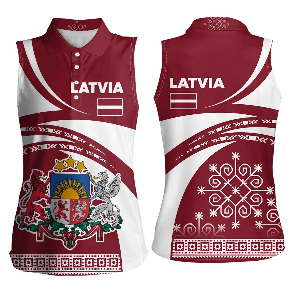 Latvia Women Sleeveless Polo Shirt with National Coat of Arms and Traditional Folk Patterns