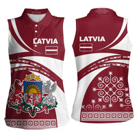 Latvia Women Sleeveless Polo Shirt with National Coat of Arms and Traditional Folk Patterns
