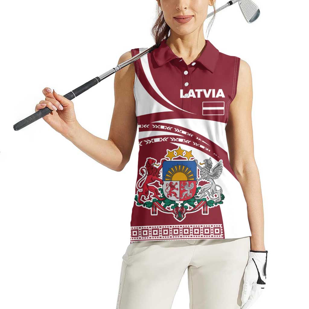 Latvia Women Sleeveless Polo Shirt with National Coat of Arms and Traditional Folk Patterns
