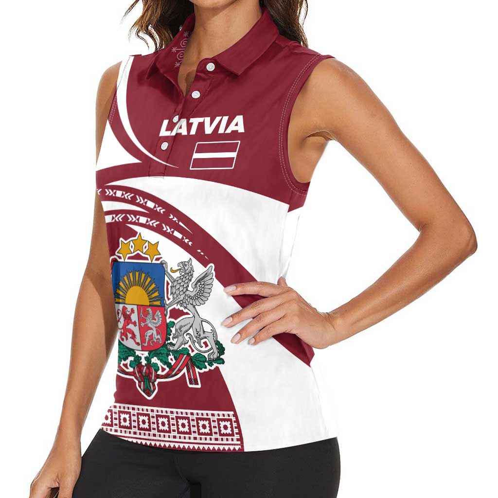 Latvia Women Sleeveless Polo Shirt with National Coat of Arms and Traditional Folk Patterns