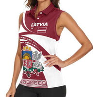Latvia Women Sleeveless Polo Shirt with National Coat of Arms and Traditional Folk Patterns